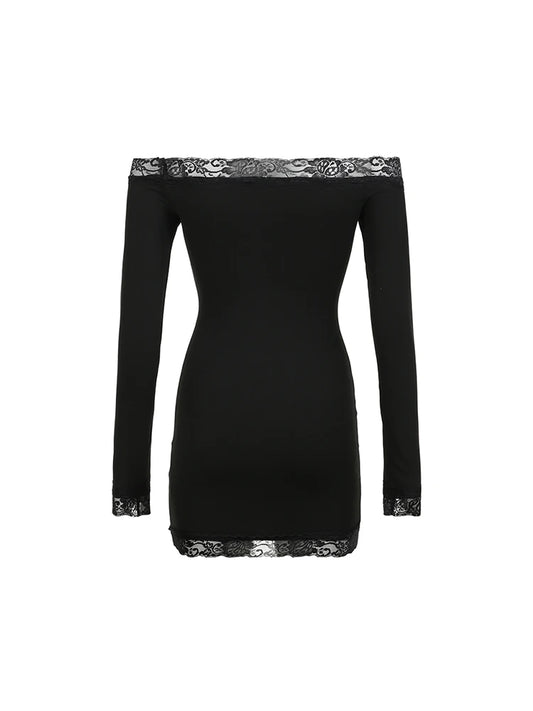 Solid Slim Lace Trim Off Shoulder Long Sleeve Black Short Dress Women Elegant Sexy Party Dresses