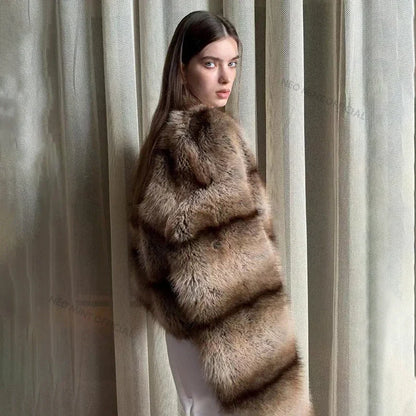 Winter Warm Fluffy Faux Fur Coat Women Softly Warm Furry Fox Fur Outerwear Jacket High Quality Brand Overcoats