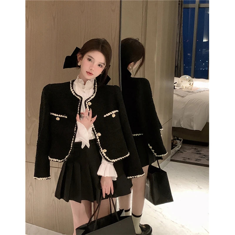 Vintage Tweed Jackets Women Elegant Black Cropped Suit Coat Korean Thicken Blazer Single Breasted Short Outerwear Tops New