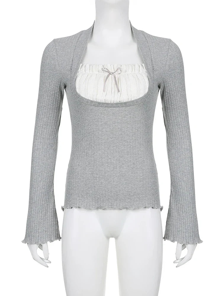 Voguable  y2k Lace Patchwork Fake Two Piece T-shirt Fairycore Flare Long Sleeve Tops Casual Kawaii Clothes Korean Shirt