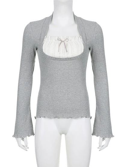 Voguable  y2k Lace Patchwork Fake Two Piece T-shirt Fairycore Flare Long Sleeve Tops Casual Kawaii Clothes Korean Shirt