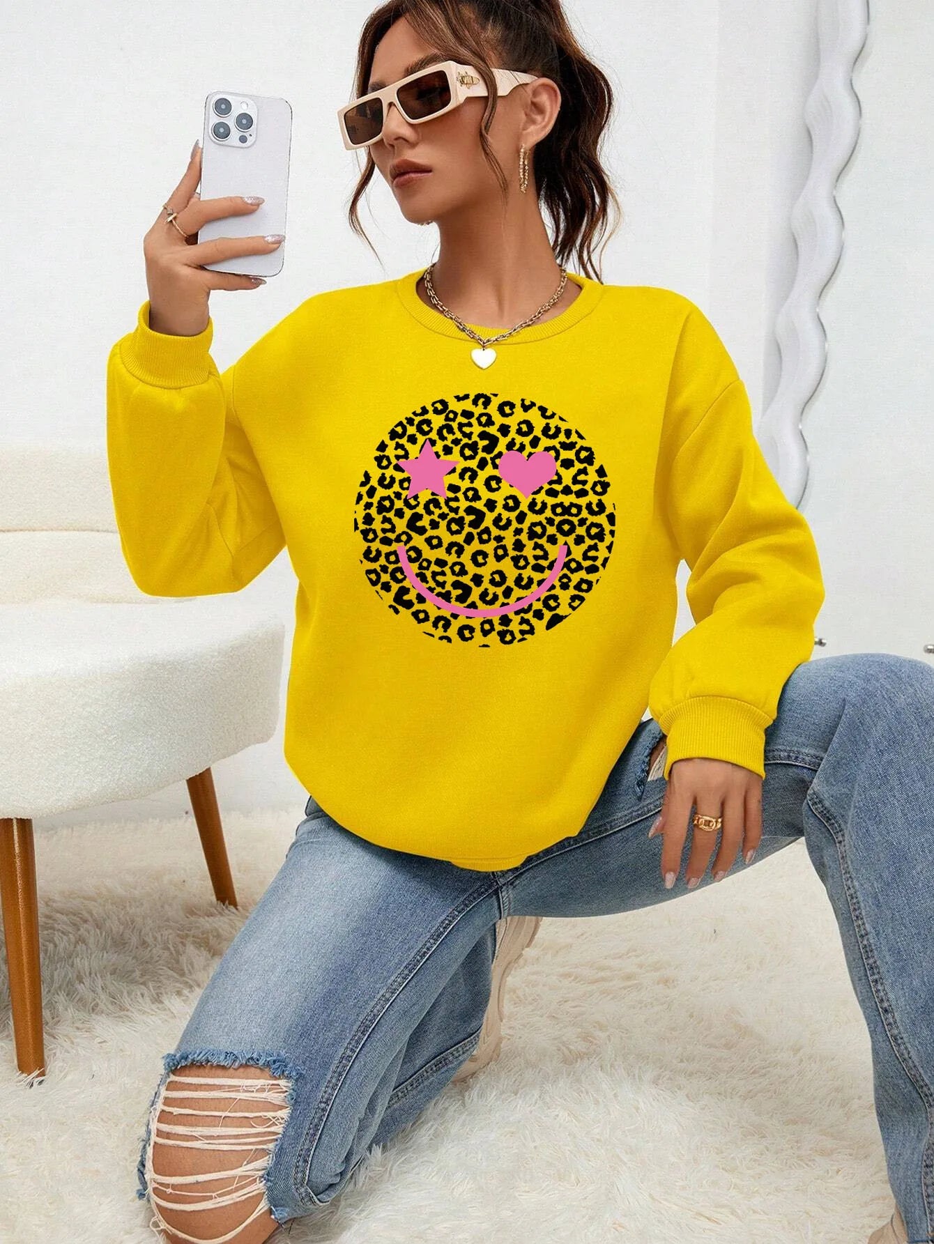 Leopard Print Smile Face Love Printed Sweatshirt Womens Autumn Soft Hoody Fleece Warm Hoodies Street All-Match Female Pullover