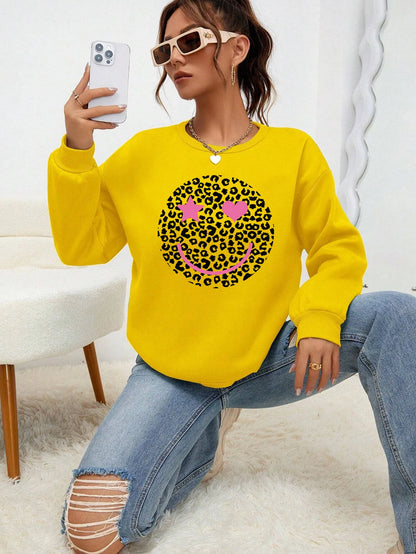 Leopard Print Smile Face Love Printed Sweatshirt Womens Autumn Soft Hoody Fleece Warm Hoodies Street All-Match Female Pullover