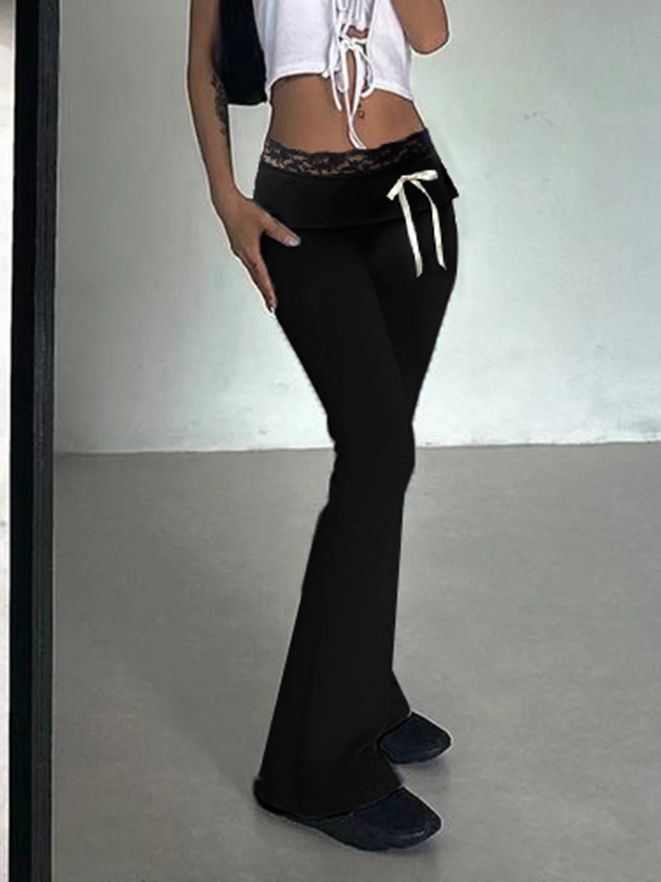 Solid Lace Trim High Waist Flared Pants Hotsweet Y2k Women s Trendy Basic Fashion Trousers Casual