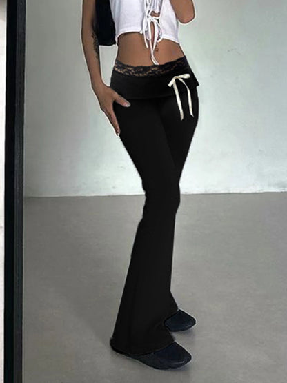 Solid Lace Trim High Waist Flared Pants Hotsweet Y2k Women s Trendy Basic Fashion Trousers Casual