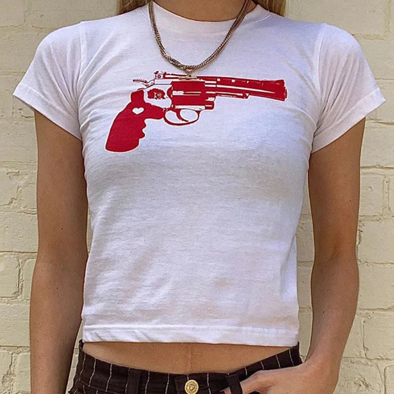 Y2K European and American Street Women’s Pistol Funny Print Short Naked T-shirt Fashion Slim Fit Casual Top