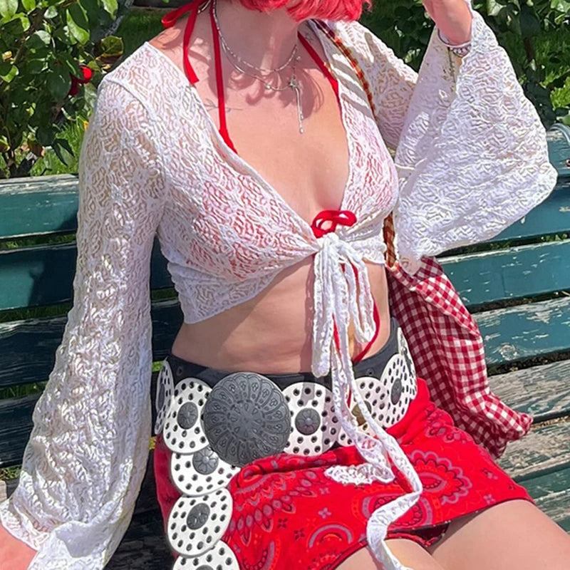 Women Trumpet Sleeves Sunscreen Cardigans Fashion Y2K V Neck Cropped Top Streetwear Knitted White Lace-up Tee Shirt