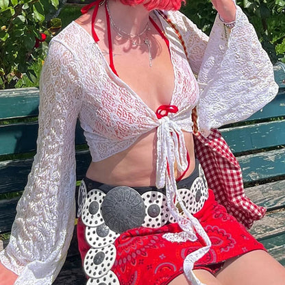 Women Trumpet Sleeves Sunscreen Cardigans Fashion Y2K V Neck Cropped Top Streetwear Knitted White Lace-up Tee Shirt