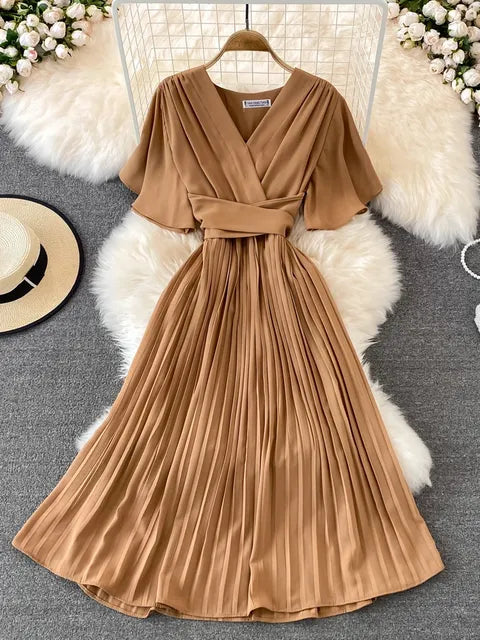Women Elegant Pleated Dress Summer Short Sleeve V-neck Vintage Dresses Ladies A Line High Waisted Midi Dress