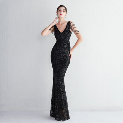Sexy V-neck Sleeveless Dress with Stones and Crystals Fashion Sequins Tassel Elegant Women Party Dresses High Waisted Long Dress