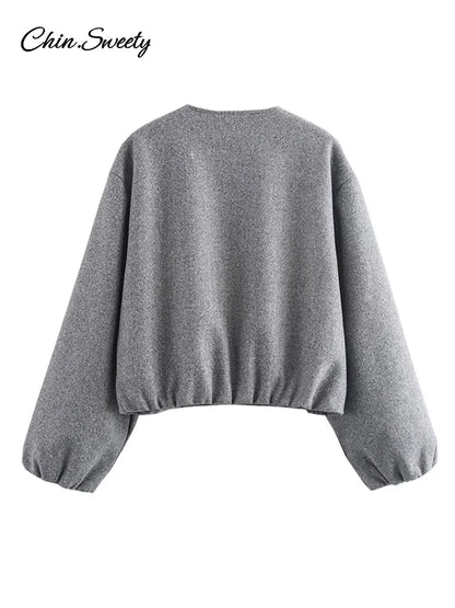 Retro Solid Woolen Women’s Bomber Jacket Long Lantern Sleeves Pockets O-neck Loose Female Coat  Autumn High Street Outwears