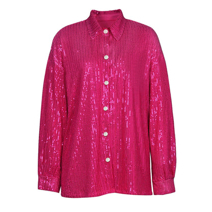 Turn-down Collar Long Sleeve FeY2k Shirts Dresses Glitter Sequins Party Shirt Dress Streetwear Clothes