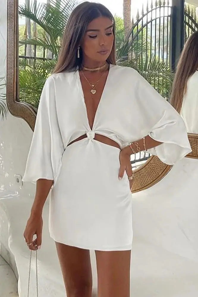 Deep V-Neck Mini Dress with Hollow Out Detail