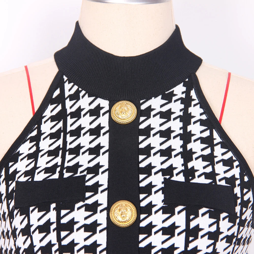 Julien Houndstooth Dress with Gold Buttons