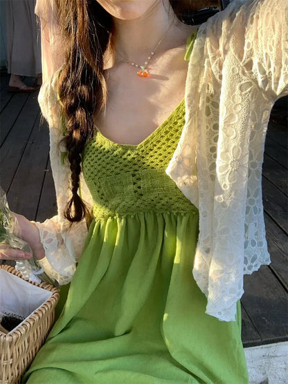 Y2k Leisure Holiday Wind Fruit Green Dress Cool Feel Lazy Wind Hollow Pendant Feeling Suspender Long-Short Dresse