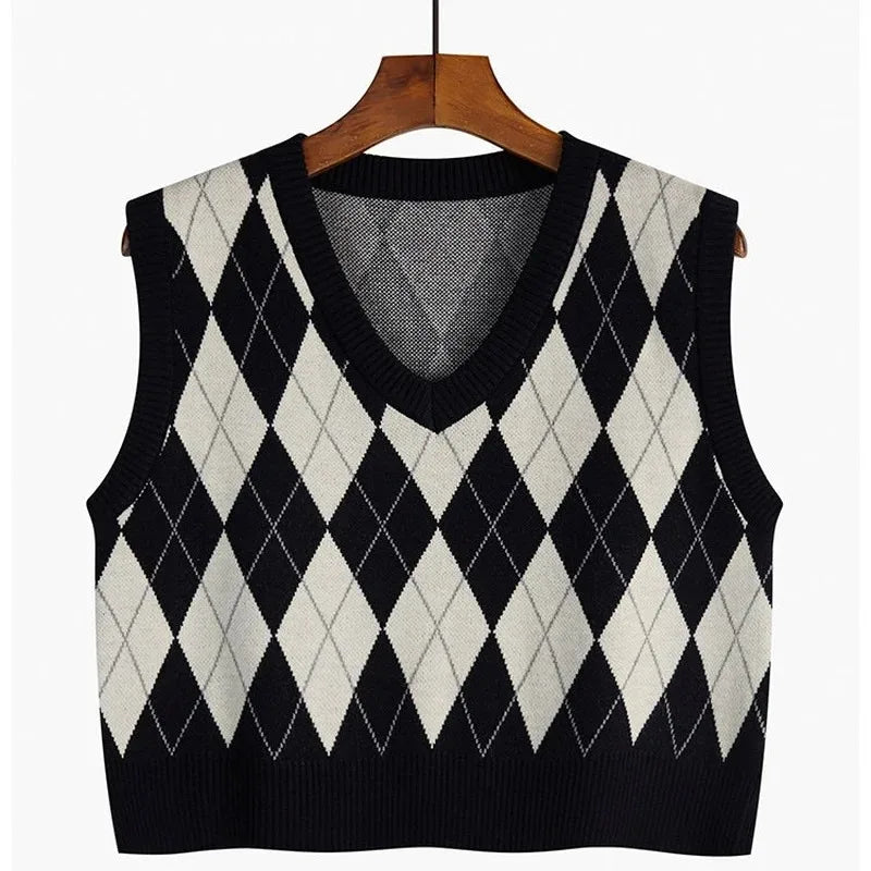 Vintage V-neck Plaid Sweater Vest Women Autumn Winter Vintage Knit Sweaters Pullover Loose Korean Knitwear Tops Pull Femme