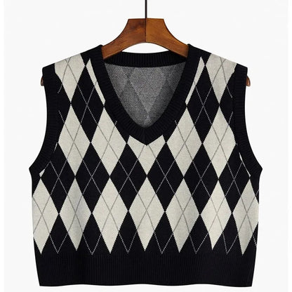 Vintage V-neck Plaid Sweater Vest Women Autumn Winter Vintage Knit Sweaters Pullover Loose Korean Knitwear Tops Pull Femme