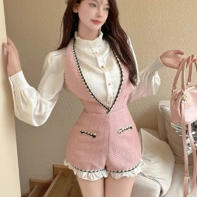 French Vintage Two-piece Set Women Solid Ruffles O-neck Shirt Tweed Halter Short Overalls Elegant Fashion Autumn Y2K Outfits New