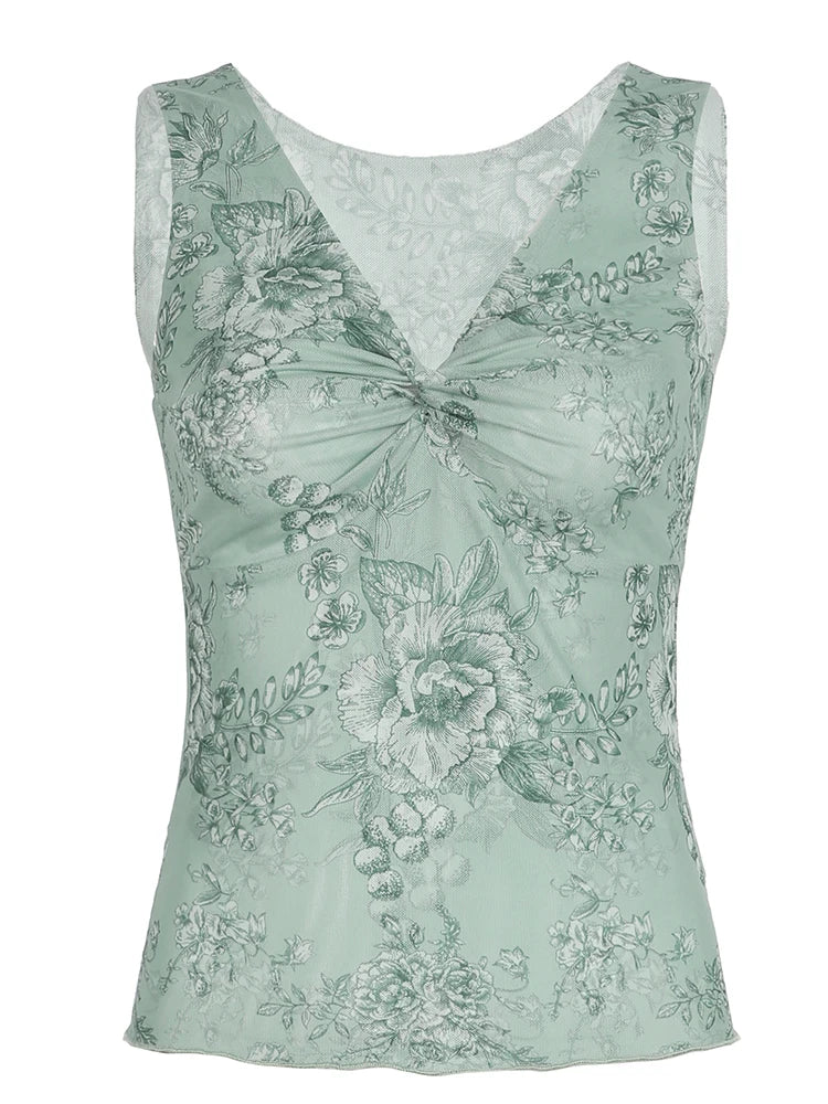 Retro Green Floral Print Mesh Vest Sleeveless Twist V Neck Slim Crop Top For Women Summer Vacation Boho Outfits