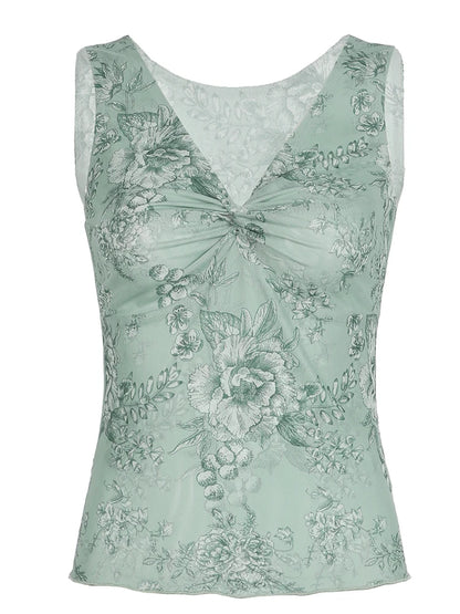 Retro Green Floral Print Mesh Vest Sleeveless Twist V Neck Slim Crop Top For Women Summer Vacation Boho Outfits
