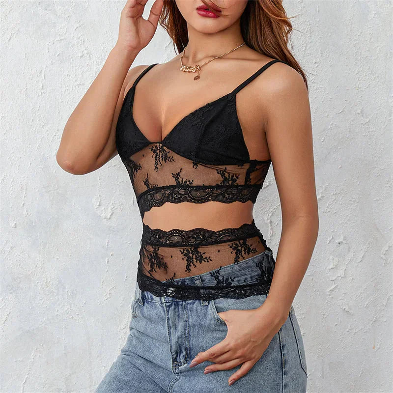 y2k Lace Crop Top See Through Spaghetti Strapless Sleeveless Cut Out Tanks 2000s Aesthetic Clothes Streetwear