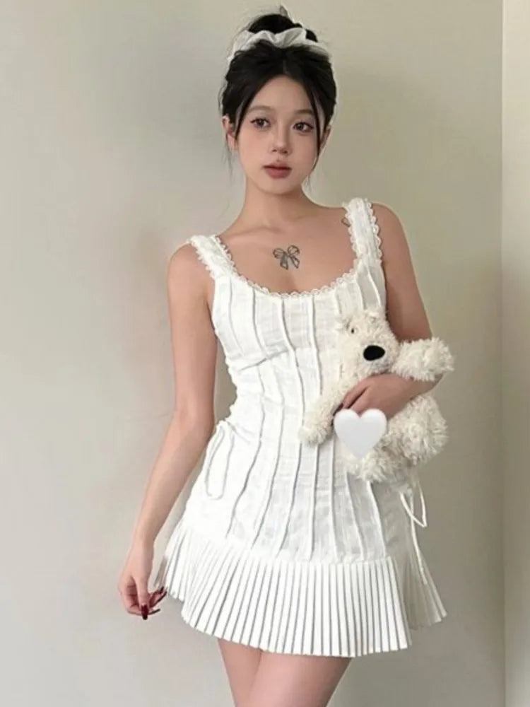 Elegant Pleated Short Dresses for Women Summer New Sleeveless Square Collar White Dress Korean Fashion Y2K One Piece Vestido