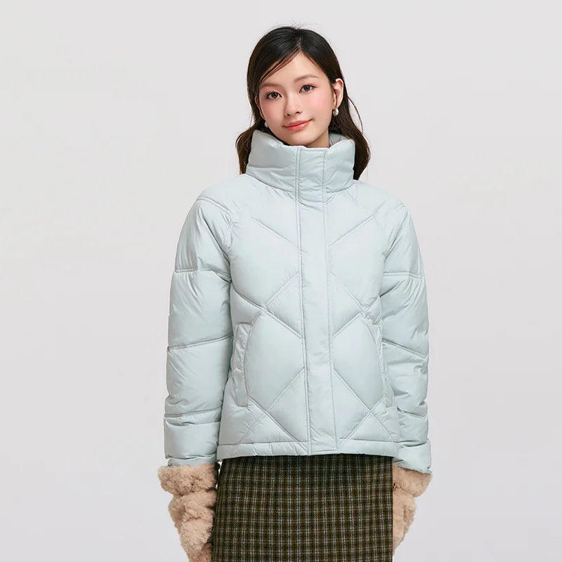 Cotton Clothing Women Loose Stand Collar Simple Casual Temperament Winter Gentle Waterproof Rhombus Versatile Thick Coat