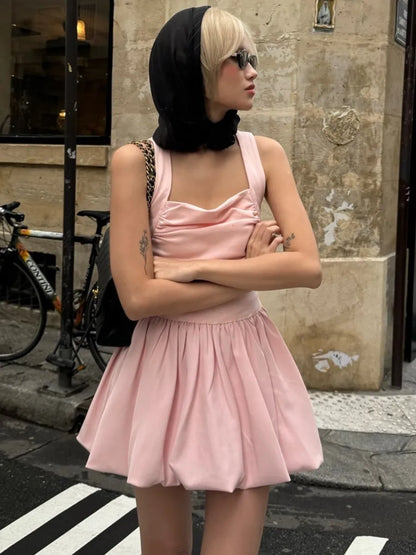 Spring New Pink Sweet Mini Dress Women Square Collar Sleeveless Short A-line Vestidos Elegant Fashion Casual Female Dresses 2025