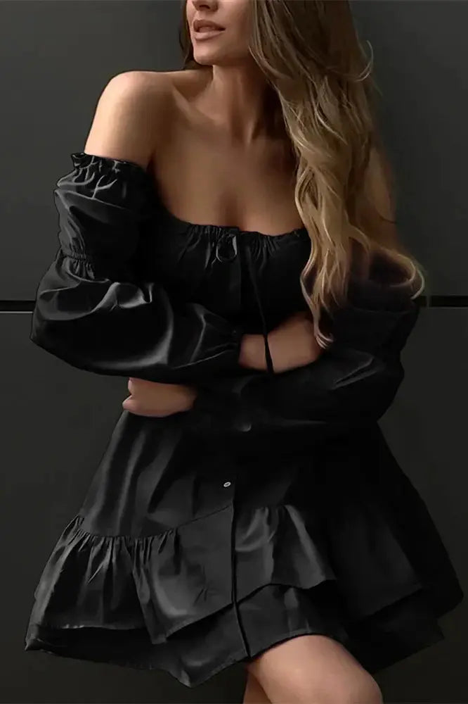 Patchwork Ruffled Mini Dress with Lace-Up Detail