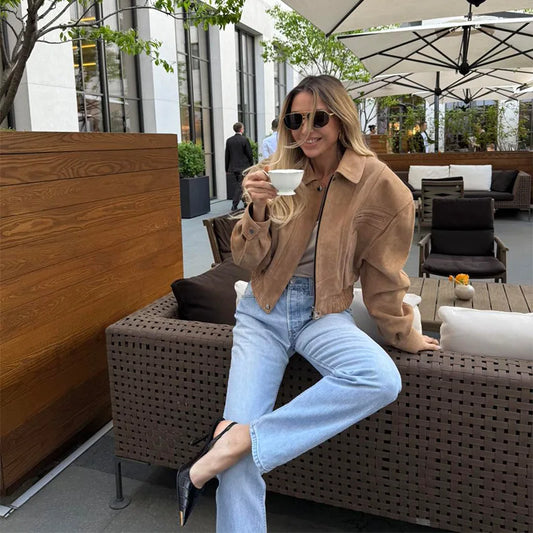 Elegant Camel Cropped Suede Jacket Women Lapel Full Sleeve Pocket Zipper Short Coat New Causal Autumn Lady Daily Streetwear 2025