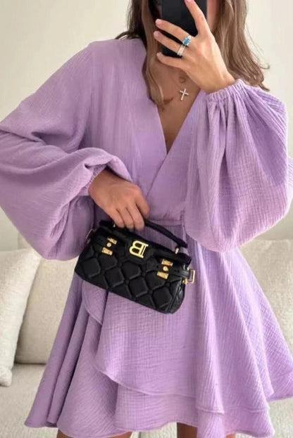 V-Neck High Waist Long Sleeve Irregular Mini Dress