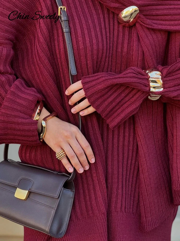 Lazy Loose Knit Burgundy Red Pant Set With Scarf Women Long Sleeve V-neck Jumper Wide Leg Full-length Pants Suit Lady Outfits