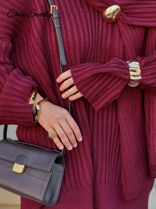 Lazy Loose Knit Burgundy Red Pant Set With Scarf Women Long Sleeve V-neck Jumper Wide Leg Full-length Pants Suit Lady Outfits