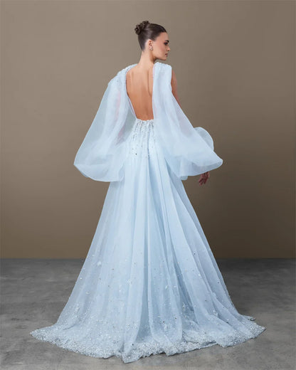 Blue Crystal Halter Prom Dress