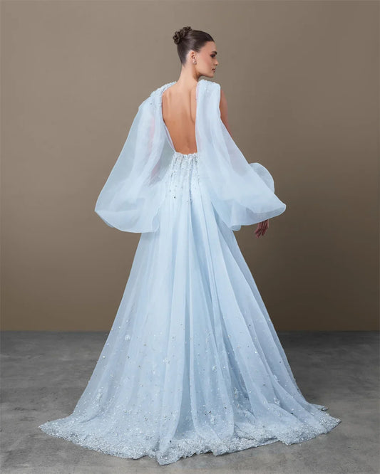 Blue Crystal Halter Prom Dress