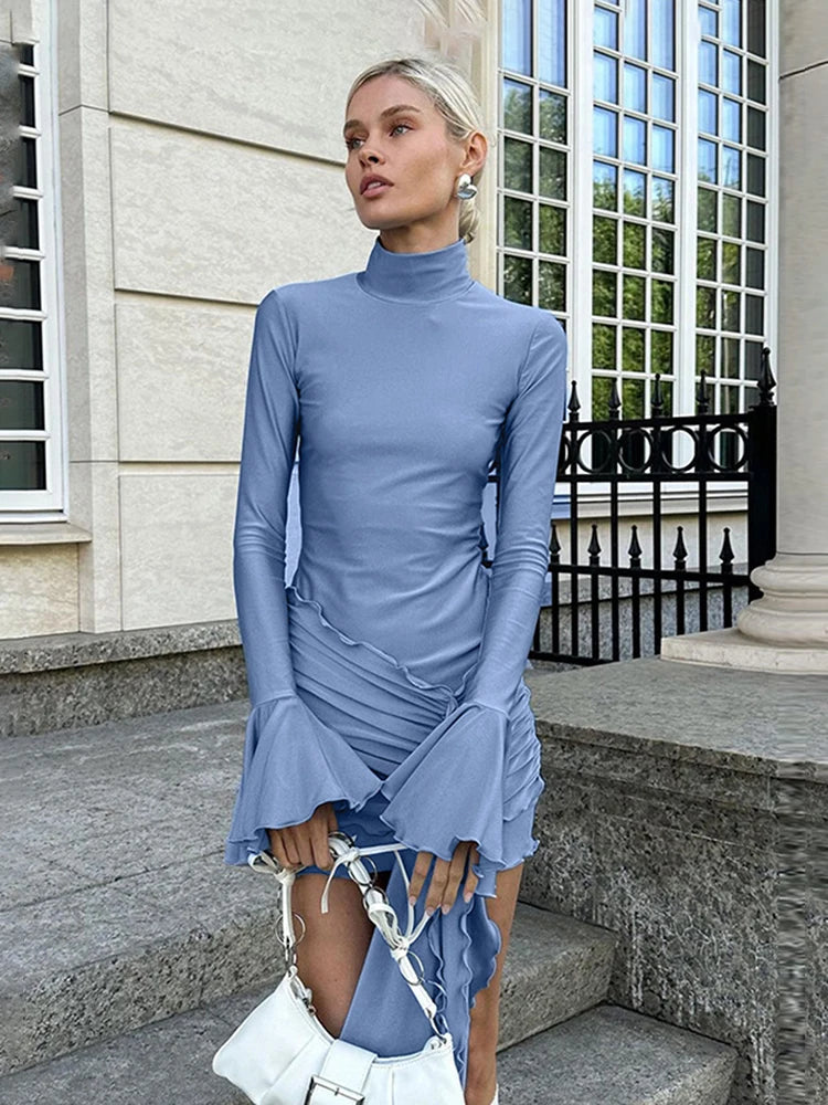 Autumn New Flare Sleeve Sexy Bodycon Dress For Women Edible Tree Fungus Irregular Splice Gown Mini Dresses Solid Color