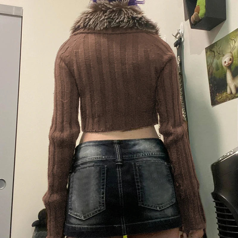 Y2K Brown Buttons Crop Sweater with Detachable Fur Collar Autumn Vintage 2000s Knitted Cardigan Slim Winter Outfits
