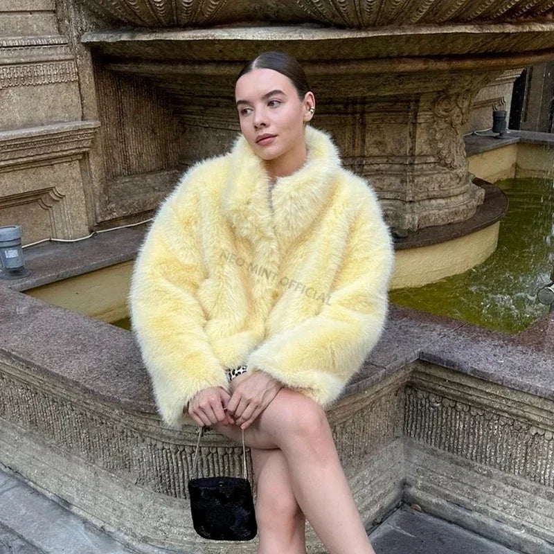 Winter Women Yellow Faux Fur Jacket Chic Girls Fashion Streetwear Thicken Warm Stand Collar Fox Fur Coat Outerwear