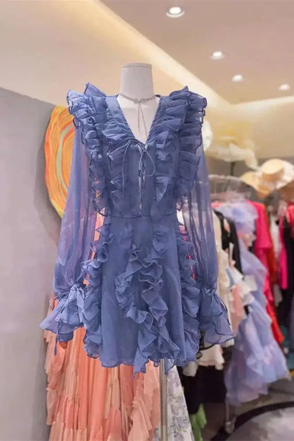 V-Neck Lace-Up Ruffled Mini Dress