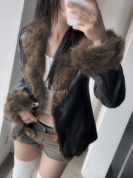 s Autumn New Clothes Women¡¯s Leather Coat Long Sleeve Spliced Faux Trim Button Slim Fit Chic Coat