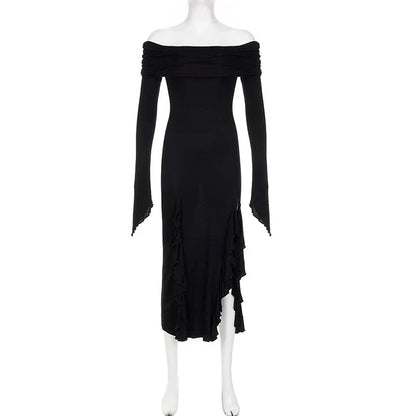French Elegant Off Shoulder Midi Dress Y2K Black Gothic Irregular Split Long Sleeve Dress Ladies Beach Slim Party Vestidos