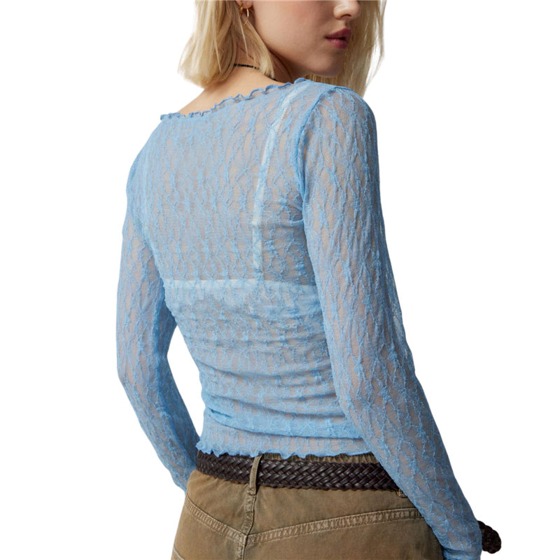 Lace Tops for y2k Clothes Sheer See Through Round Neck Long Sleeve Ruched T Shirt 2000s Clothing Party Clubwear