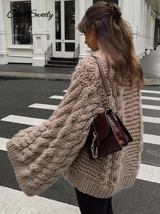 Knit Oversize High Neck Jumper Sweater Women Lazy Round Neck Ribbed Pullover Female  Autumn Winter Thick Warm Lady Knitwear