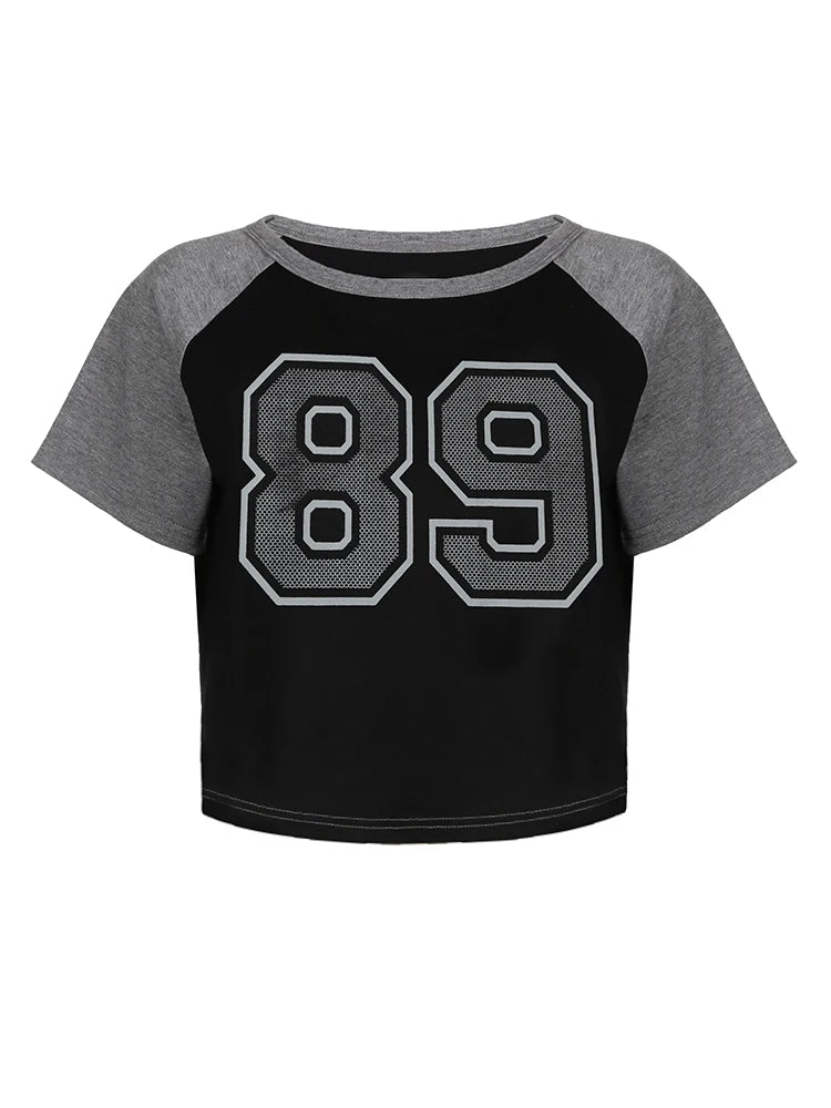 American Retro Casual Football Tee Jersey Figure Print Contract Patchwork Short Sleeve Loose Casual Summer Preppy T Shirt Women