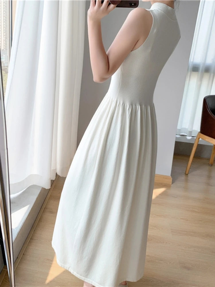 Spring Summer New Casual Elegant Sleeveless Knitted Midi Dress Slim Elegant Ladies Robe