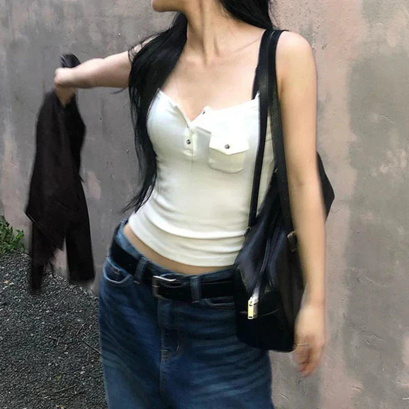 y2k Tops Solid Color Button Front Spaghetti Strap Sleeveless Camisole with Pocket Decor 2000s Vest Streetwear