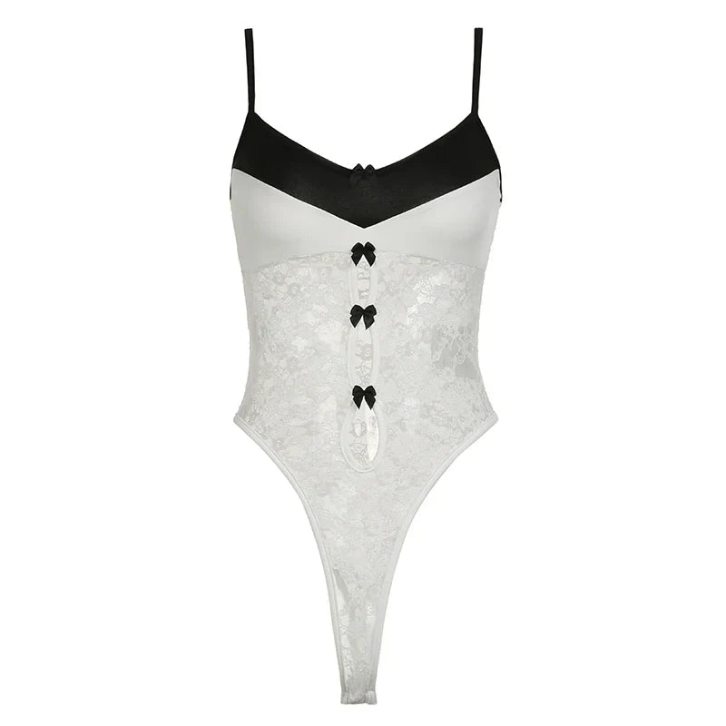 Voguable Korean Style Contrast Lace Patchwork Bodysuit Multi Bows Hollow Out Sleeveless Bodysuits Y2K Translucent Top