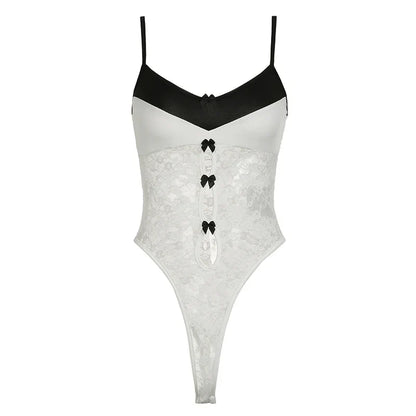 Voguable Korean Style Contrast Lace Patchwork Bodysuit Multi Bows Hollow Out Sleeveless Bodysuits Y2K Translucent Top