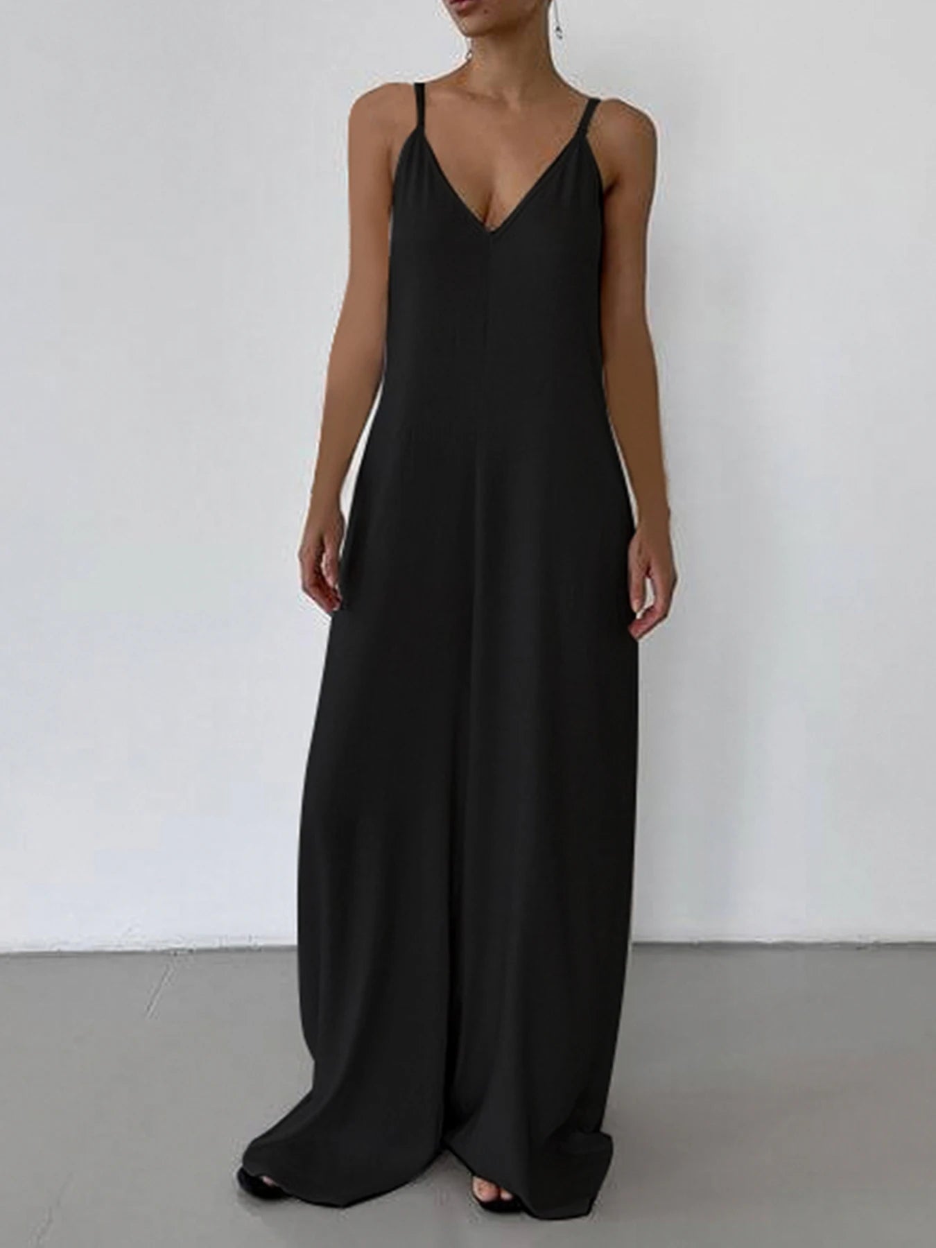 Sleeveless V Neck Loose Casual Black Boho Jumpsuits For Women Backless Vacation Wide Leg Rompers Womens Spaghetti Strap Overalls