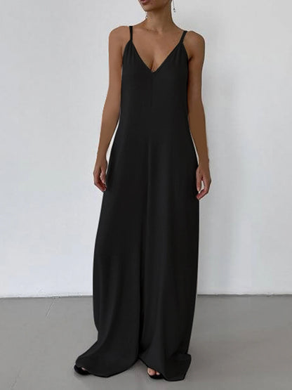 Sleeveless V Neck Loose Casual Black Boho Jumpsuits For Women Backless Vacation Wide Leg Rompers Womens Spaghetti Strap Overalls